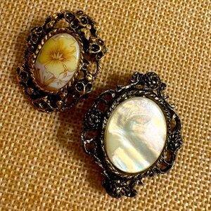 Vintage Cameo & Mother of Pearl Brooch Lot Ornate Floral Frames